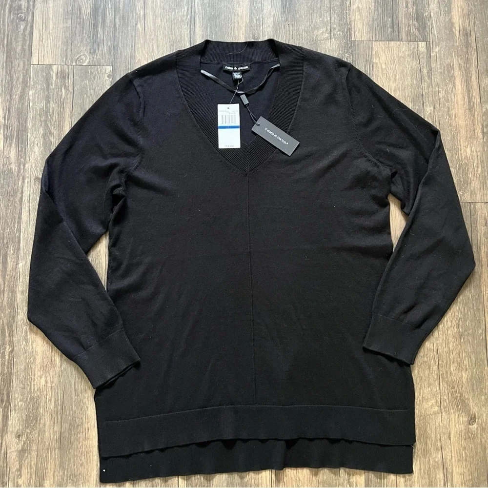 NWT Cable & Gauge V Neck Long Sleeves Black Knit Sweater Straight Fit Women's XL